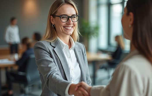 Two women in business attire shake hands and smile in a modern office setting, with colleagues seated in the background.